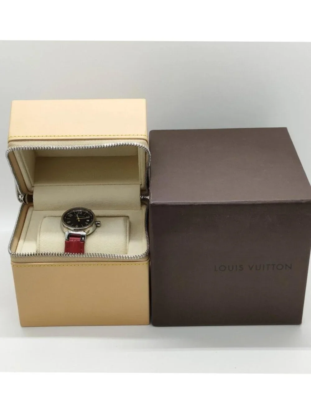 Authentic Louis Vuitton Tambour Black Dial Red Leather Strap Swiss Quartz